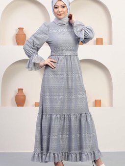 Gri İnci Detaylı Dantel Abiye Elbise