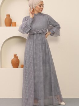 Gri İnci Detaylı Tül Abiye Elbise