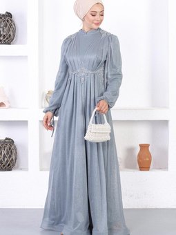 Gri İncili Dantelli Simli Abiye Elbise