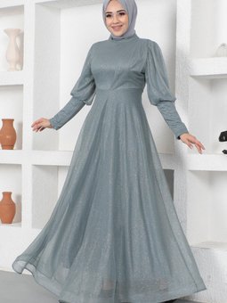 Gri Manşeti Fermuar Detaylı Simli Abiye Elbise