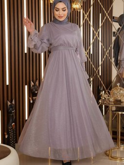 Gri Taş Detaylı Simli Şifon Abiye Elbise