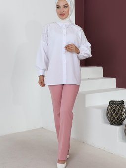 Gül Kurusu Çizgi Detaylı Pantolon