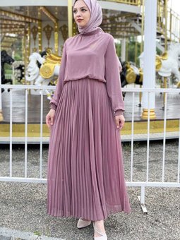 Gül Kurusu Pileli Şifon Abiye Elbise