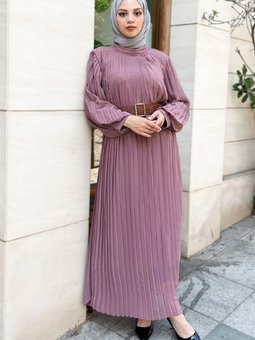 Gül Kurusu Piliseli Kemerli Abiye Elbise