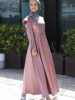 Gül Kurusu Taşlı Yakma Desenli Abiye Elbise