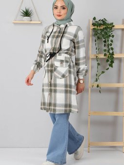 Haki Düğmeli Kapüşonlu Kap