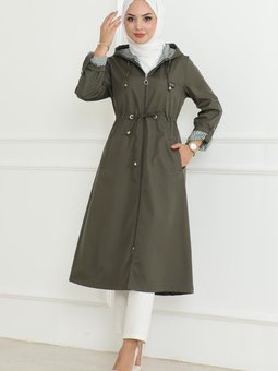 Haki Kapüşonlu Fermuarlı Trençkot