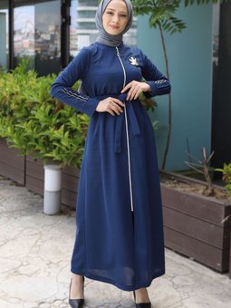 İndigo Armalı Fermuarlı Ferace