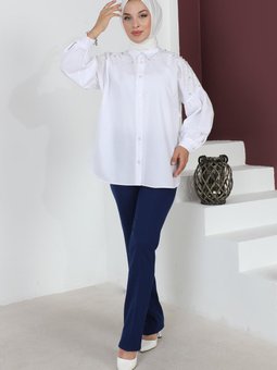 İndigo Çizgi Detaylı Pantolon