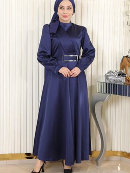 İndigo Drapeli Saten Abiye Elbise