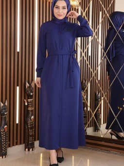 İndigo Gizli Düğmeli Ribanalı Ferace