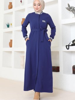 İndigo Gizli Düğmeli Ribanalı Ferace