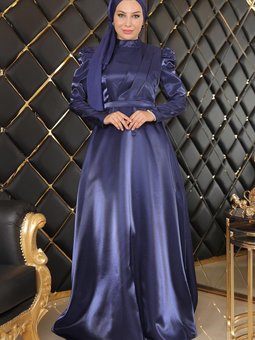İndigo Göğsü Drapeli Abiye Elbise