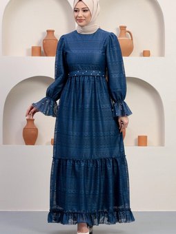 İndigo İnci Detaylı Dantel Abiye Elbise