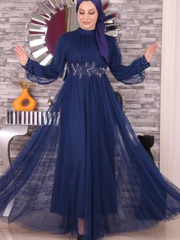 İndigo İncili Dantel Detaylı Tül Abiye Elbise