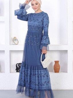 İndigo İncili Dantelli Volan Kol Abiye Elbise