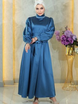 İndigo İncili Saten Abiye Elbise