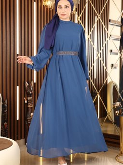 İndigo Kemer Detaylı Şifon Abiye Elbise