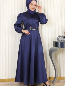 İndigo Kemerli Saten Abiye Elbise