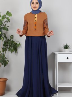 İndigo Nakışlı Şifon Abiye Elbise