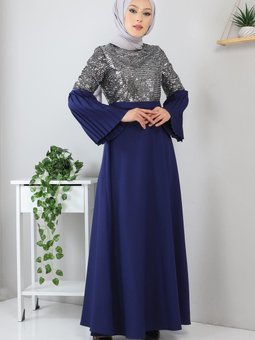 İndigo Piliseli Pulpayetli Abiye Elbise