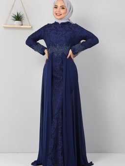 İndigo Taş Detaylı Balık Abiye Elbise