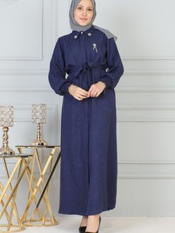 İndigo Taş Detaylı Fermuarlı Ferace