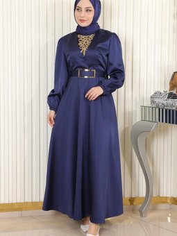 İndigo Taş Detaylı Saten Abiye Elbise