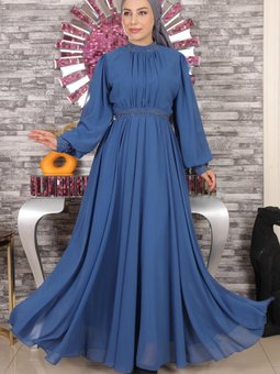 İndigo Taş Detaylı Şifon Abiye Elbise