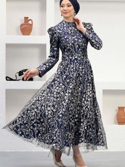 İndigo Taşlı Tül Abiye Elbise