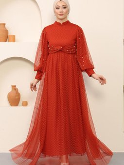 Kiremit İnci Detaylı Tül Abiye Elbise