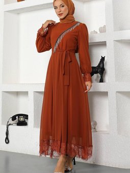 Kiremit Taş Detaylı Şifon Abiye Elbise