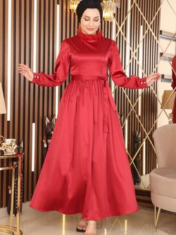 Kırmızı Tüy Detaylı Saten Abiye Elbise