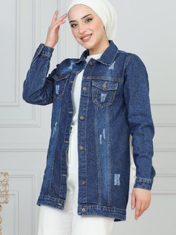 Koyu Kot Cebi Lazer Detaylı Mavi Ceket