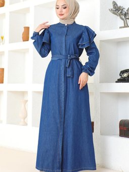 Koyu Kot Omuzu Fırfırlı Düğmeli Mavi Ferace