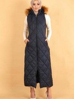 Lacivert Kapüşonlu Kapitone Şişme Yelek