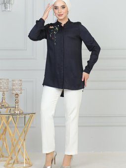 Lacivert Nakış Detaylı Tunik