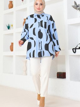 Mavi Cep Detaylı Desenli Tunik