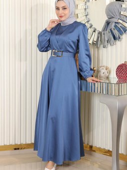 Mavi Kemerli Saten Abiye Elbise