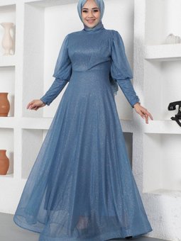 Mavi Manşeti Fermuar Detaylı Simli Abiye Elbise