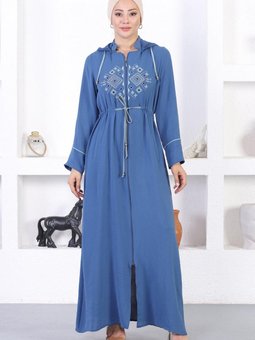 Mavi Nakışlı Kapüşonlu Ferace