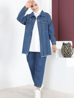 Mavi Püskül Detaylı Kot Ceket