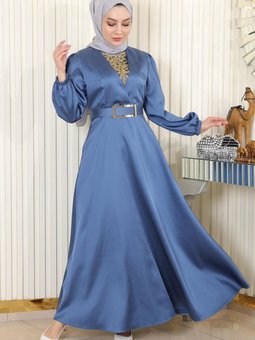 Mavi Taş Detaylı Saten Abiye Elbise