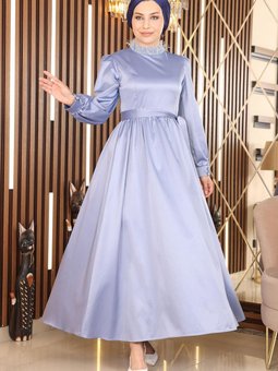 Mavi Tüy Detaylı Saten Abiye Elbise