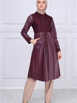 Mürdüm Deri Detaylı Kap