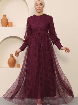 Mürdüm Düğme Detaylı Tül Abiye Elbise