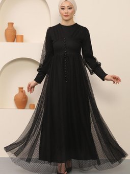 Siyah Düğme Detaylı Tül Abiye Elbise