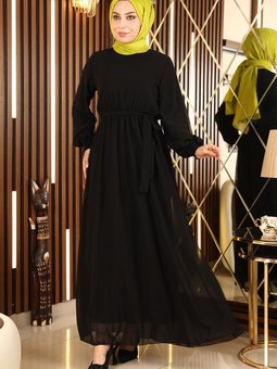 Siyah Manşeti Lastikli Şifon Abiye Elbise