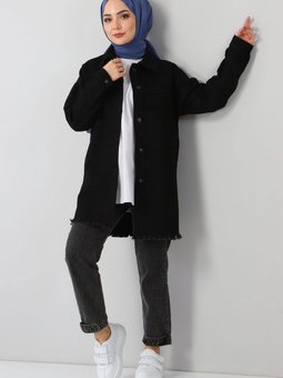 Siyah Püskül Detaylı Kot Ceket