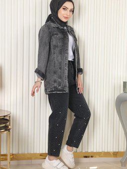 Siyah Taş Detaylı Kot Pantolon